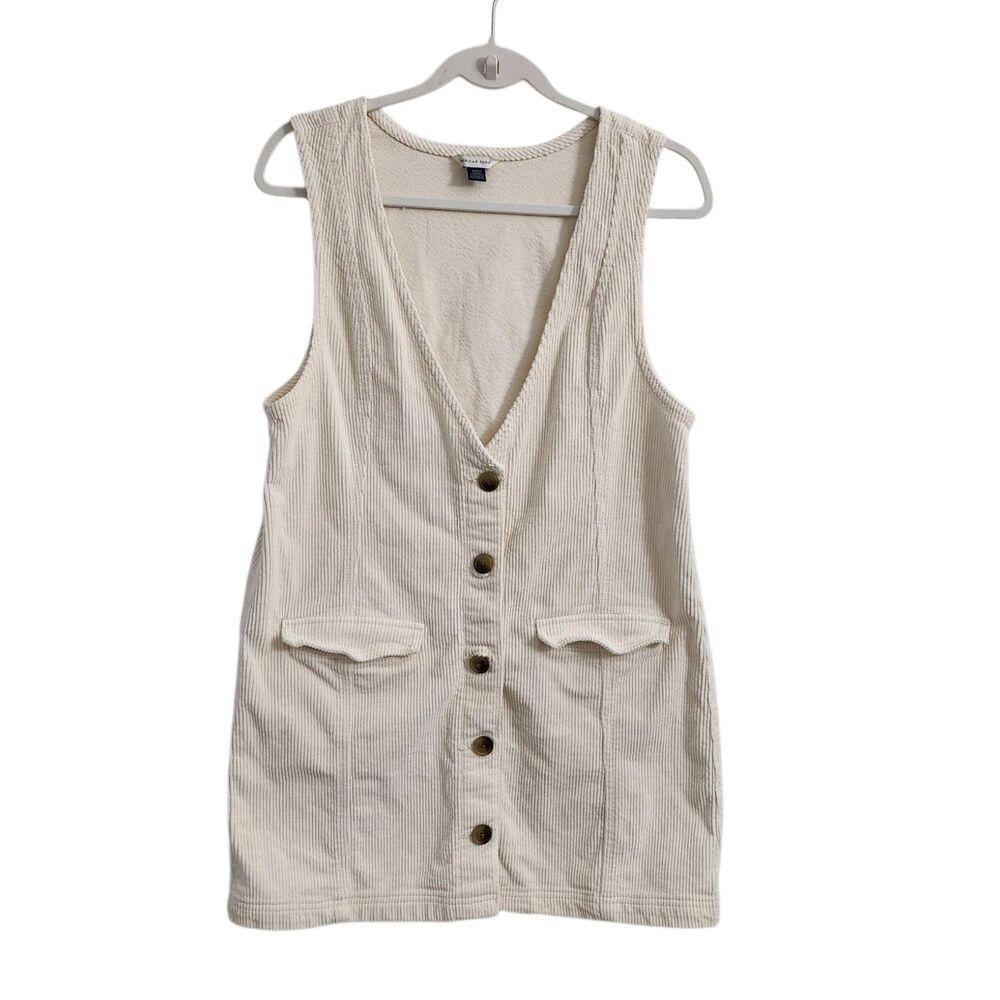 American Eagle Dress Medium Ivory Corduroy Button Front Sleeveless V-Neck Y2K